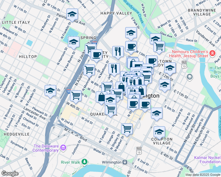 map of restaurants, bars, coffee shops, grocery stores, and more near 801 Washington Street in Wilmington