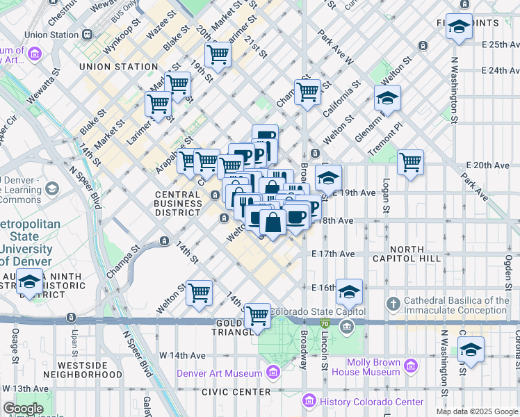 map of restaurants, bars, coffee shops, grocery stores, and more near 600 17th Street in Denver