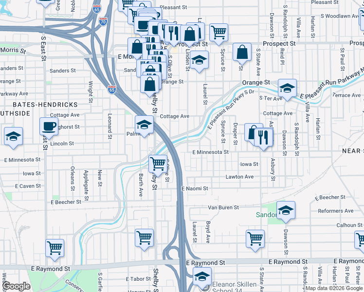 map of restaurants, bars, coffee shops, grocery stores, and more near 1229 East Pleasant Run Parkway South Drive in Indianapolis