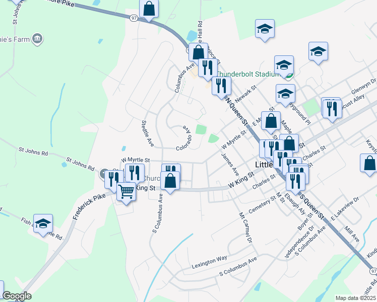 map of restaurants, bars, coffee shops, grocery stores, and more near 5 Smokehouse Court in Littlestown
