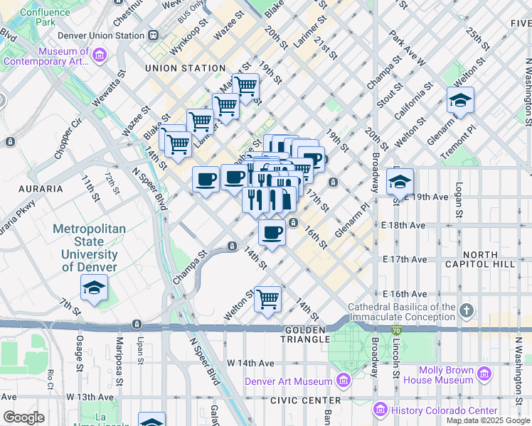 map of restaurants, bars, coffee shops, grocery stores, and more near 1525 Stout Street in Denver
