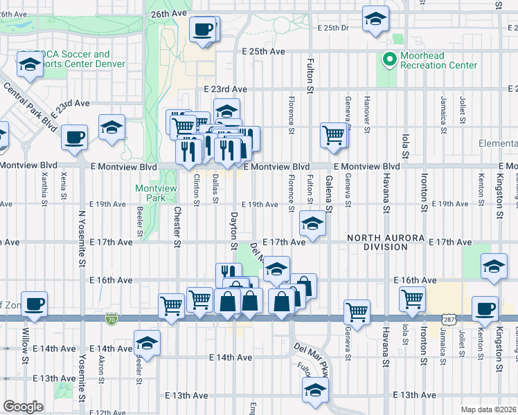 map of restaurants, bars, coffee shops, grocery stores, and more near 1790 Del Mar Parkway in Aurora