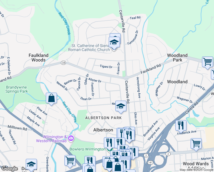 map of restaurants, bars, coffee shops, grocery stores, and more near 2418 Horace Drive in Wilmington