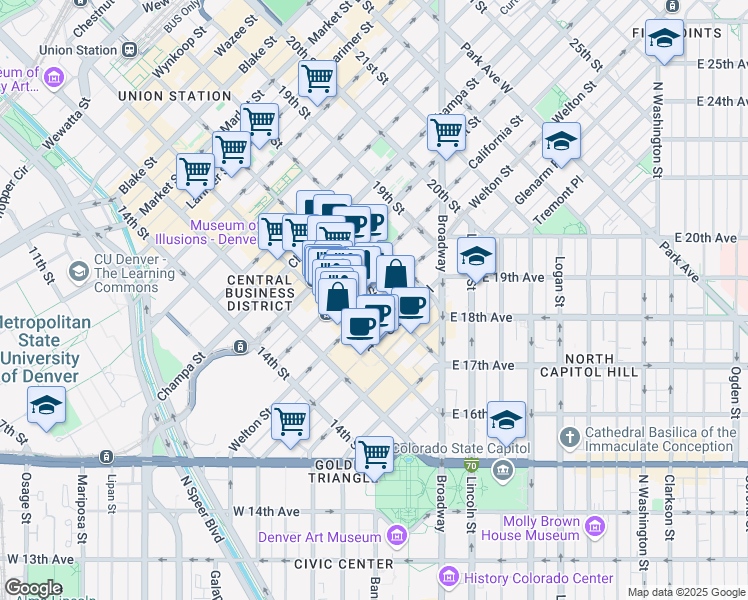 map of restaurants, bars, coffee shops, grocery stores, and more near 1600 California Street in Denver