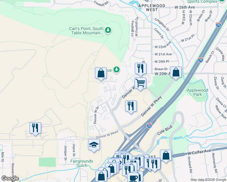 map of restaurants, bars, coffee shops, grocery stores, and more near 1886 Denver West Court in Golden