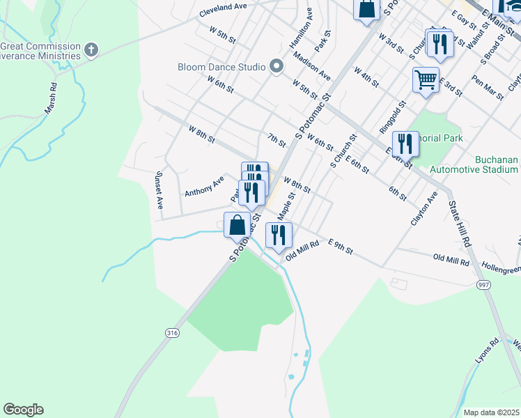 map of restaurants, bars, coffee shops, grocery stores, and more near 700 South Potomac Street in Waynesboro