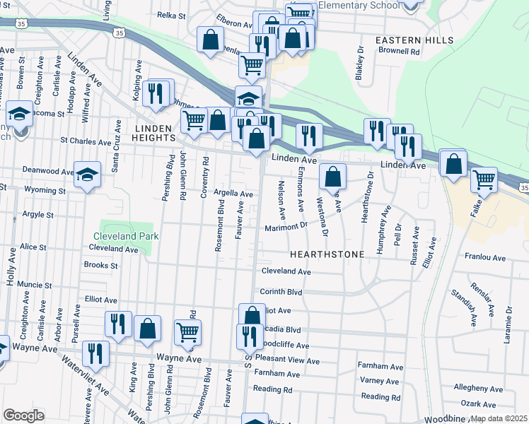 map of restaurants, bars, coffee shops, grocery stores, and more near 1560 South Smithville Road in Dayton