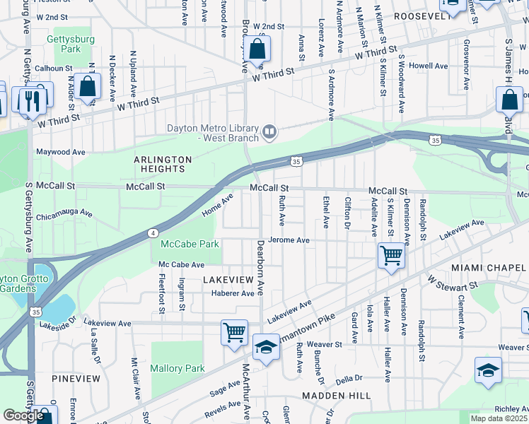 map of restaurants, bars, coffee shops, grocery stores, and more near 444 Dearborn Avenue in Dayton