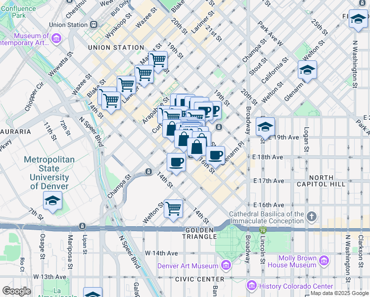 map of restaurants, bars, coffee shops, grocery stores, and more near in Denver