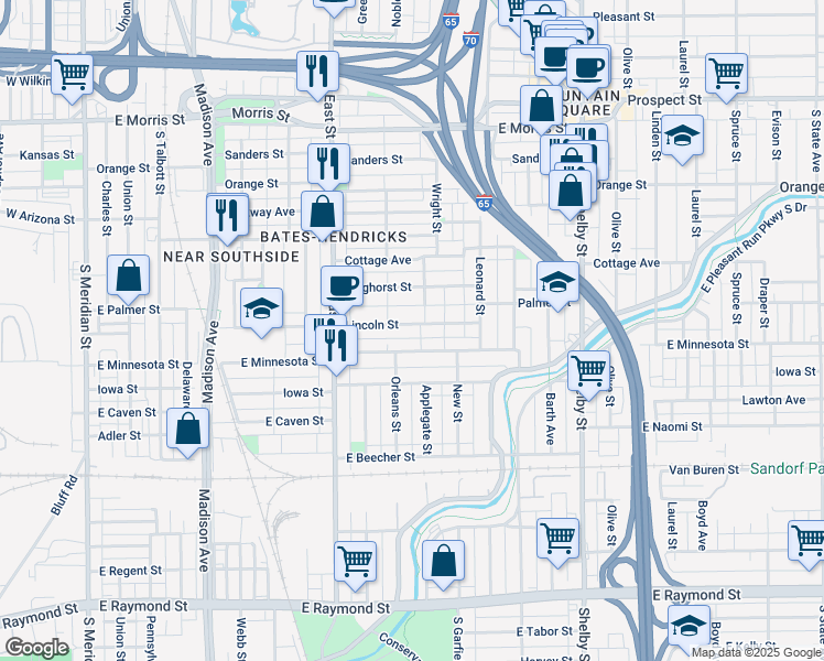 map of restaurants, bars, coffee shops, grocery stores, and more near 731 Lincoln Street in Indianapolis