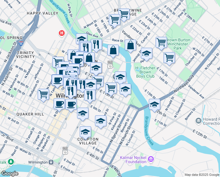 map of restaurants, bars, coffee shops, grocery stores, and more near 1134 Clifford Brown Walk in Wilmington