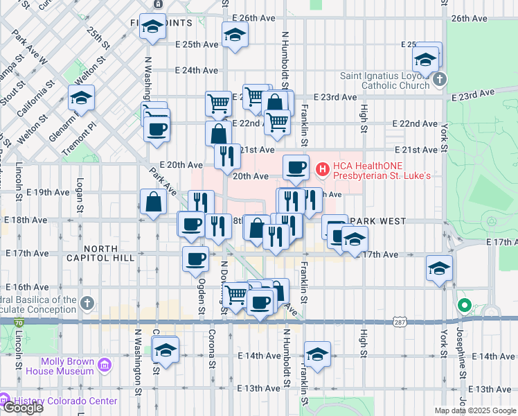 map of restaurants, bars, coffee shops, grocery stores, and more near 1833 North Lafayette Street in Denver