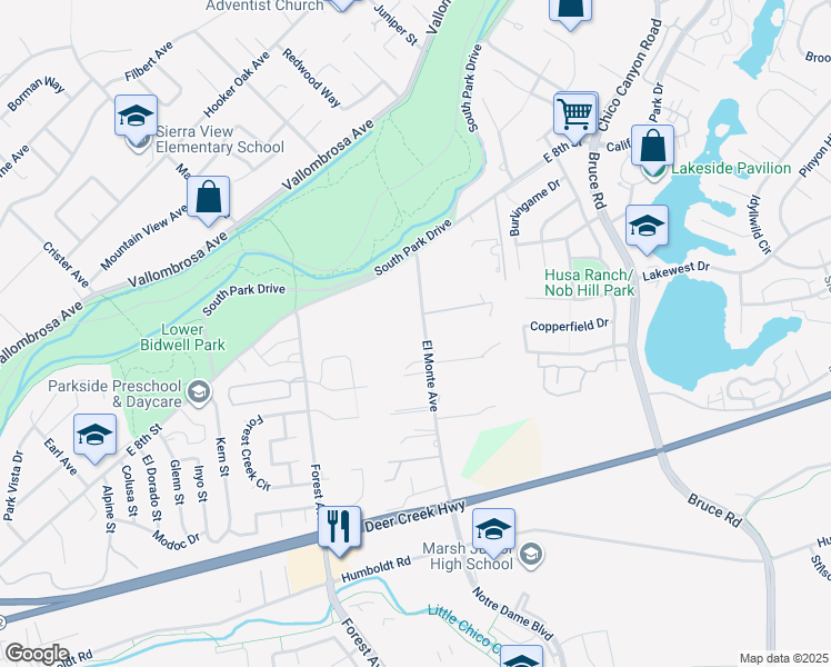 map of restaurants, bars, coffee shops, grocery stores, and more near 825 El Monte Avenue in Chico