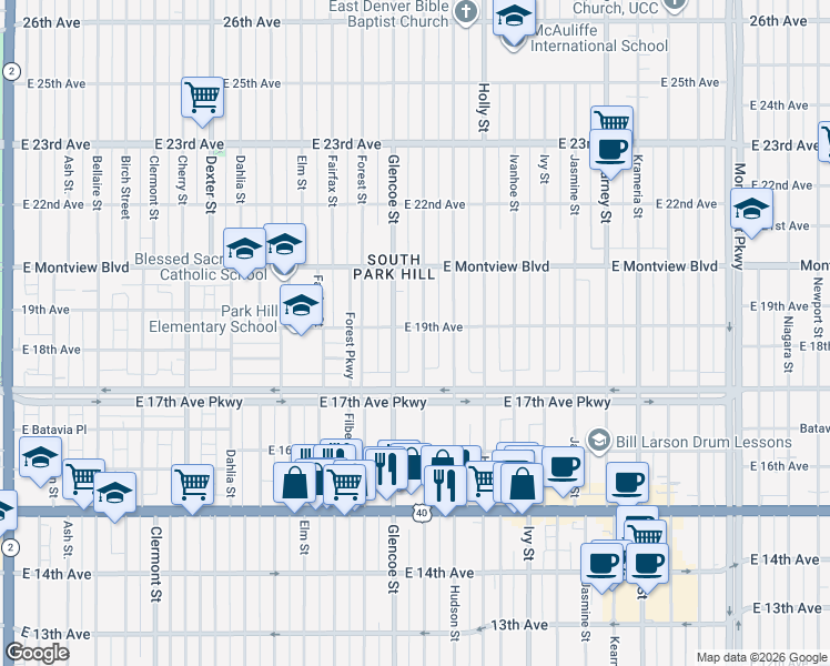 map of restaurants, bars, coffee shops, grocery stores, and more near 1795 Grape Street in Denver