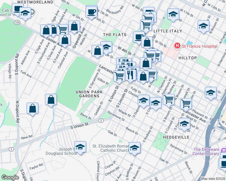 map of restaurants, bars, coffee shops, grocery stores, and more near 221 South Union Street in Wilmington