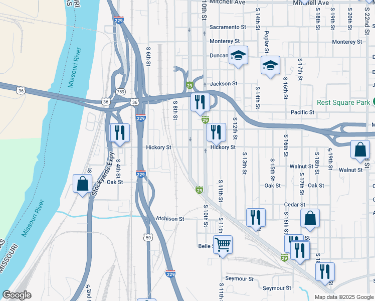 map of restaurants, bars, coffee shops, grocery stores, and more near 2304 South 9th Street in Saint Joseph