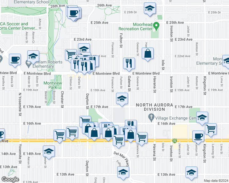 map of restaurants, bars, coffee shops, grocery stores, and more near 1788 Florence Street in Aurora