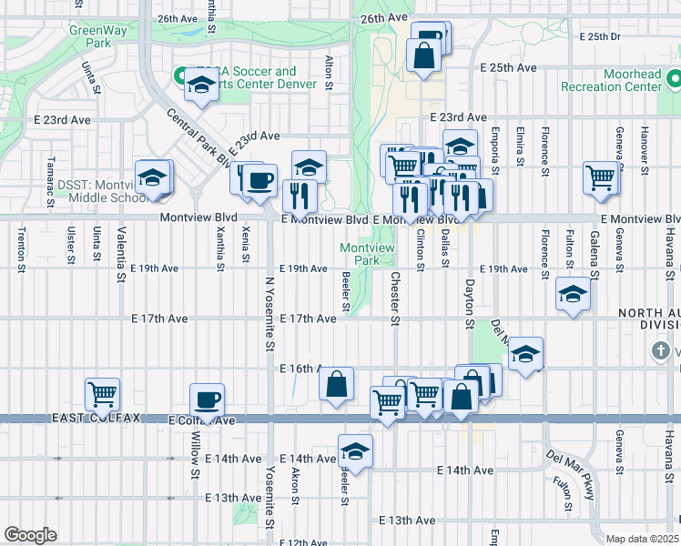 map of restaurants, bars, coffee shops, grocery stores, and more near 9190 East 19th Avenue in Aurora