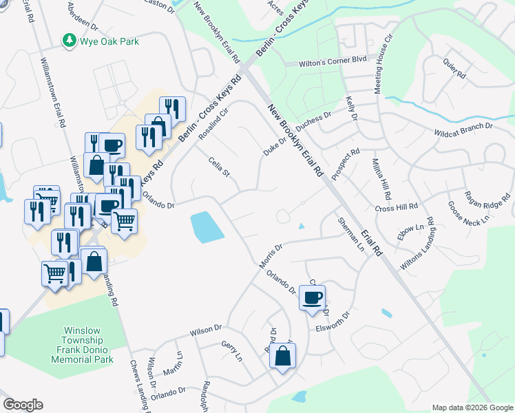 map of restaurants, bars, coffee shops, grocery stores, and more near 12 Phebe Court in Sicklerville