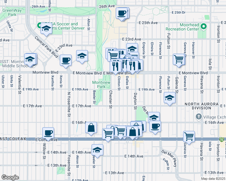 map of restaurants, bars, coffee shops, grocery stores, and more near 1788 Chester Street in Aurora