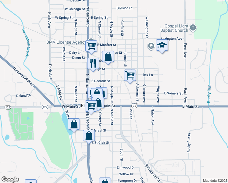 map of restaurants, bars, coffee shops, grocery stores, and more near 300 East Somers Street in Eaton