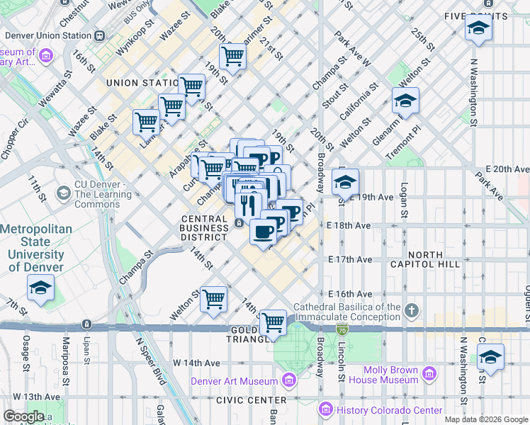 map of restaurants, bars, coffee shops, grocery stores, and more near 1600 California Street in Denver