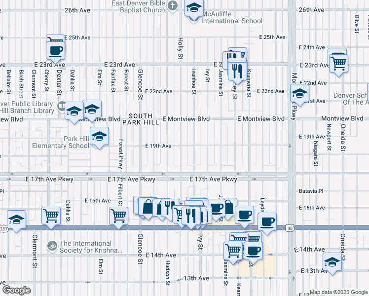 map of restaurants, bars, coffee shops, grocery stores, and more near 1792 Holly Street in Denver