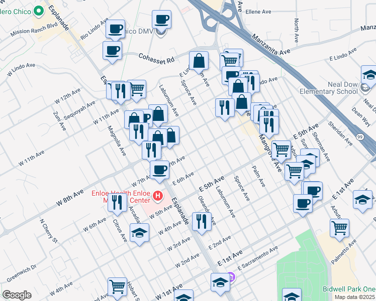 map of restaurants, bars, coffee shops, grocery stores, and more near 276 East 7th Avenue in Chico
