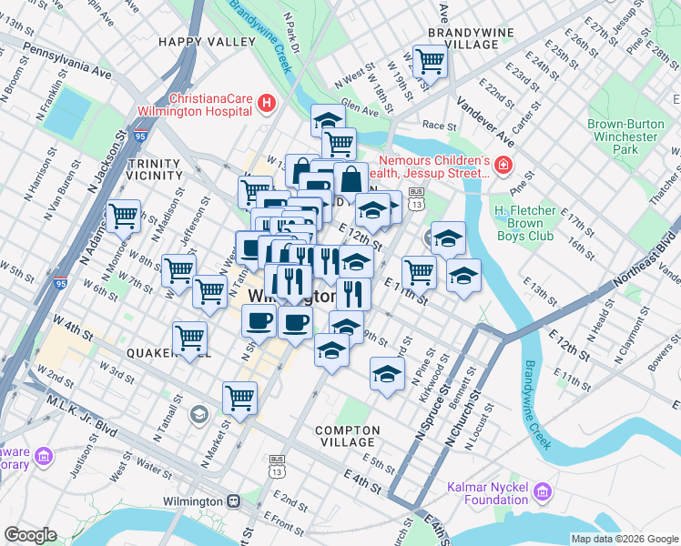 map of restaurants, bars, coffee shops, grocery stores, and more near 1000 North King Street in Wilmington