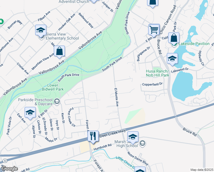 map of restaurants, bars, coffee shops, grocery stores, and more near 825 El Monte Avenue in Chico