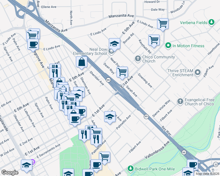 map of restaurants, bars, coffee shops, grocery stores, and more near 1136 Sheridan Avenue in Chico