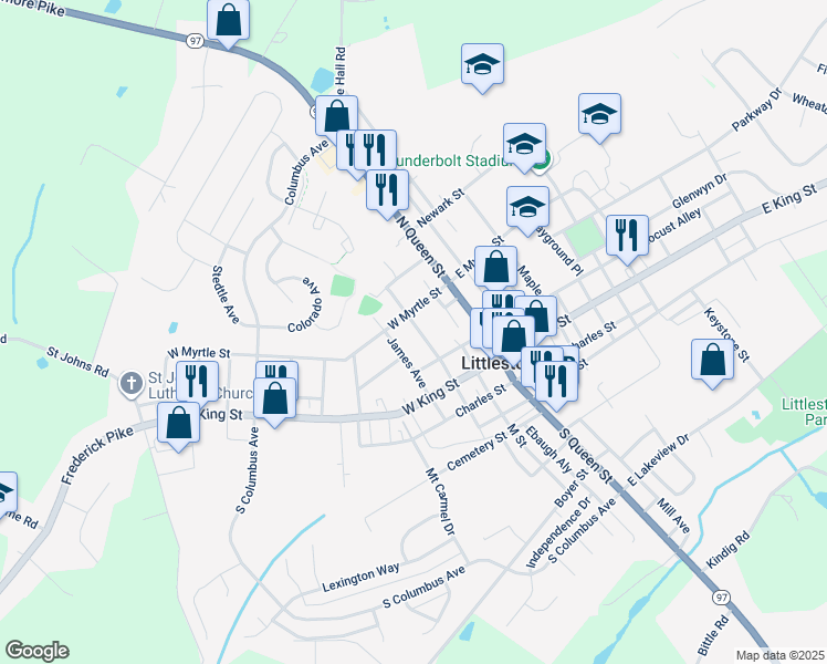 map of restaurants, bars, coffee shops, grocery stores, and more near 72 North Patrick Avenue in Littlestown