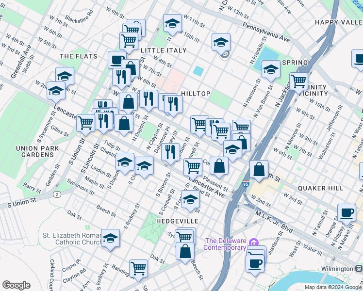 map of restaurants, bars, coffee shops, grocery stores, and more near 231 North Broom Street in Wilmington