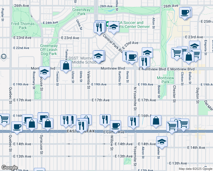 map of restaurants, bars, coffee shops, grocery stores, and more near 1796 Wabash Street in Denver