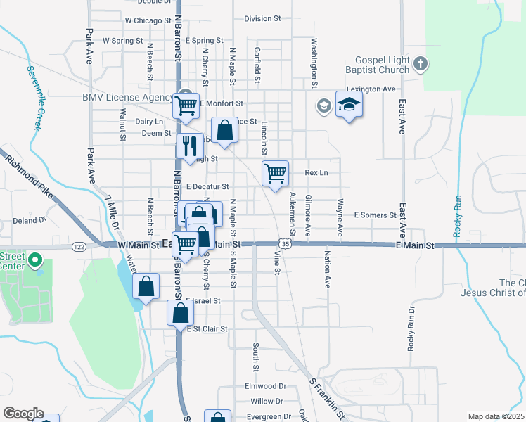 map of restaurants, bars, coffee shops, grocery stores, and more near 410 East Somers Street in Eaton