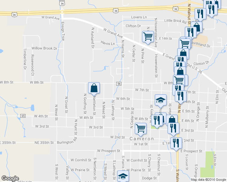 map of restaurants, bars, coffee shops, grocery stores, and more near 700 North Lathrop Street in Cameron