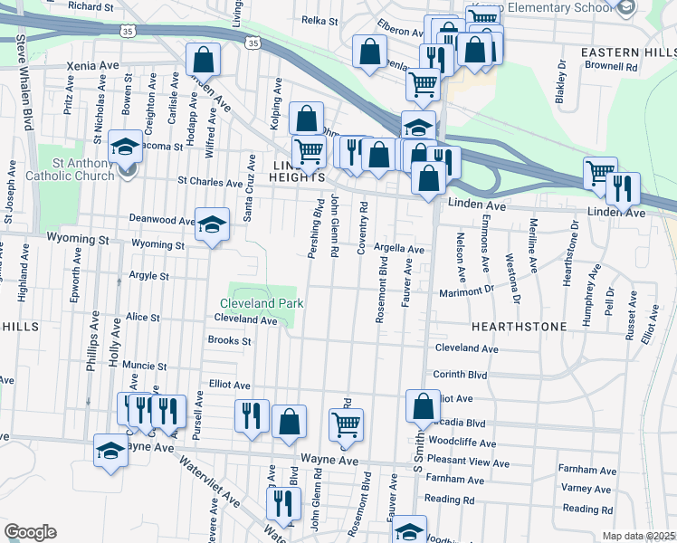 map of restaurants, bars, coffee shops, grocery stores, and more near 1532 John Glenn Road in Dayton