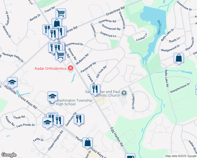 map of restaurants, bars, coffee shops, grocery stores, and more near 26 Old York Road in Washington Township