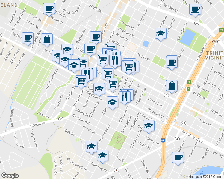 map of restaurants, bars, coffee shops, grocery stores, and more near 108 Ruth Street in Wilmington