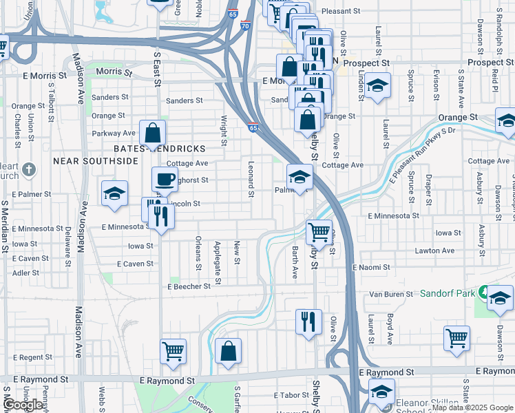map of restaurants, bars, coffee shops, grocery stores, and more near 1627 Leonard Street in Indianapolis