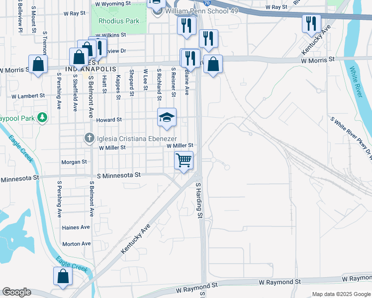 map of restaurants, bars, coffee shops, grocery stores, and more near 1508 Blaine Avenue in Indianapolis