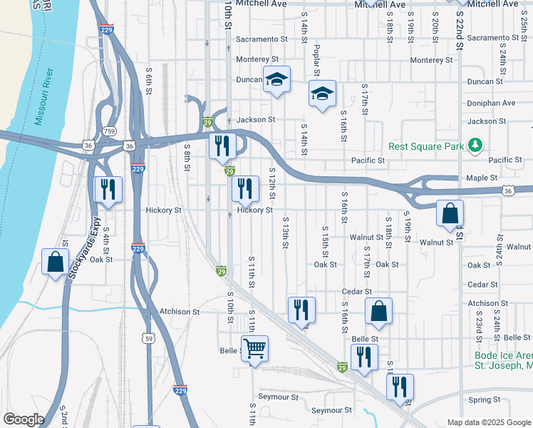 map of restaurants, bars, coffee shops, grocery stores, and more near 2301 South 11th Street in Saint Joseph