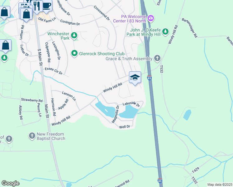 map of restaurants, bars, coffee shops, grocery stores, and more near 17555 Snowden Terrace in New Freedom