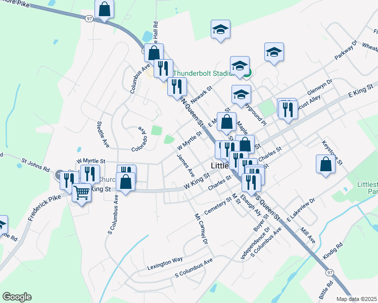 map of restaurants, bars, coffee shops, grocery stores, and more near 72 North Patrick Avenue in Littlestown