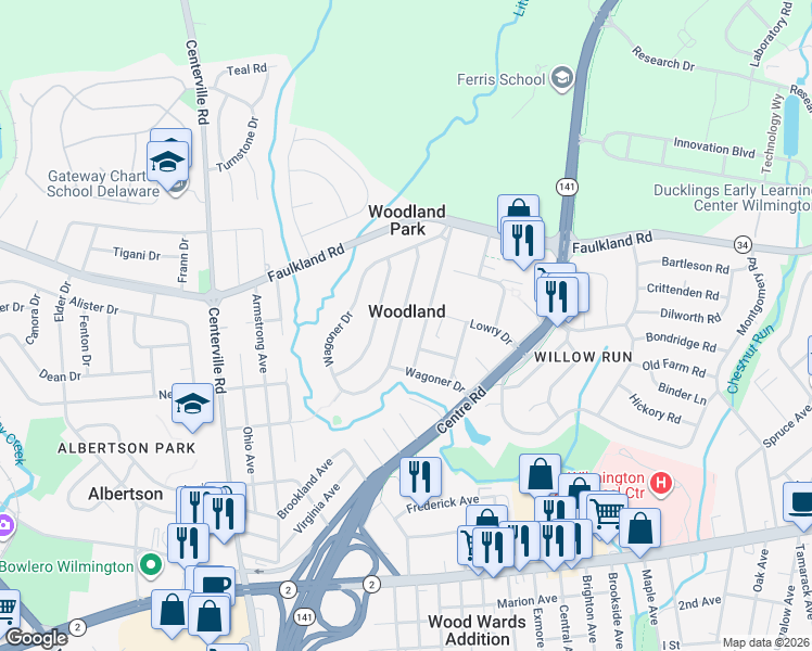 map of restaurants, bars, coffee shops, grocery stores, and more near 1027 Gallery Road in Wilmington