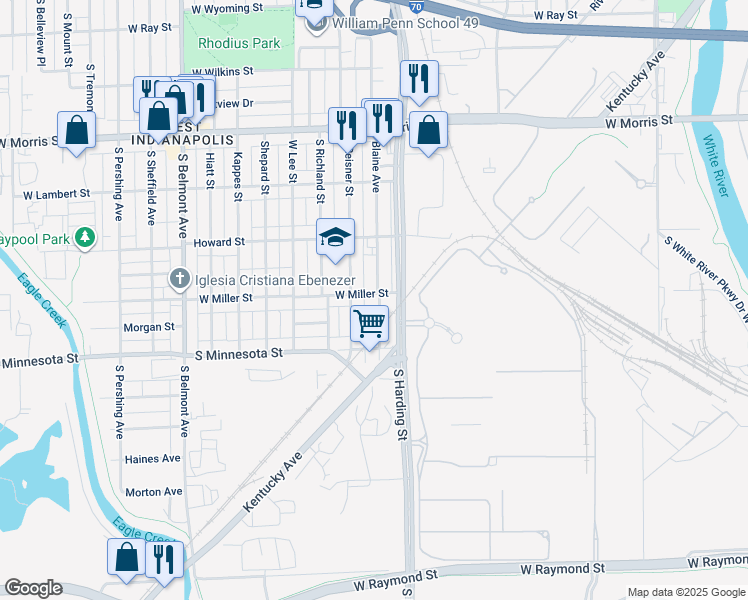 map of restaurants, bars, coffee shops, grocery stores, and more near 1508 Blaine Avenue in Indianapolis