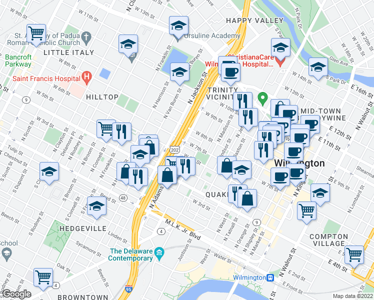 map of restaurants, bars, coffee shops, grocery stores, and more near 5 Beatty Place in Wilmington