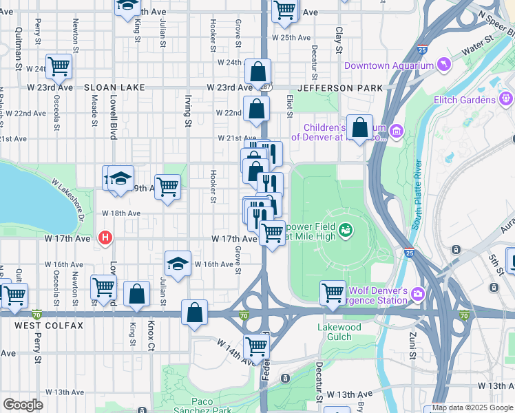 map of restaurants, bars, coffee shops, grocery stores, and more near 1815 Federal Boulevard in Denver