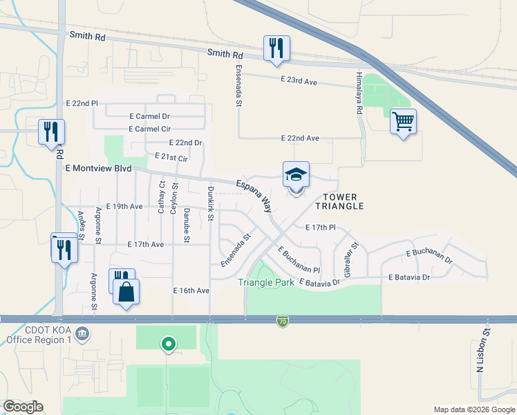 map of restaurants, bars, coffee shops, grocery stores, and more near 1936 Ensenada St in Aurora