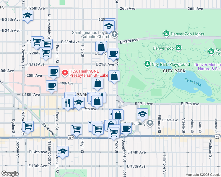 map of restaurants, bars, coffee shops, grocery stores, and more near in Denver